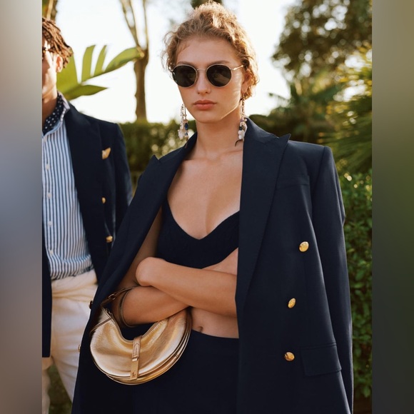 Ralph Lauren Double Breasted Wool Blazer Dress Long Jacket Coat 8 Navy Gold - Picture 3 of 9